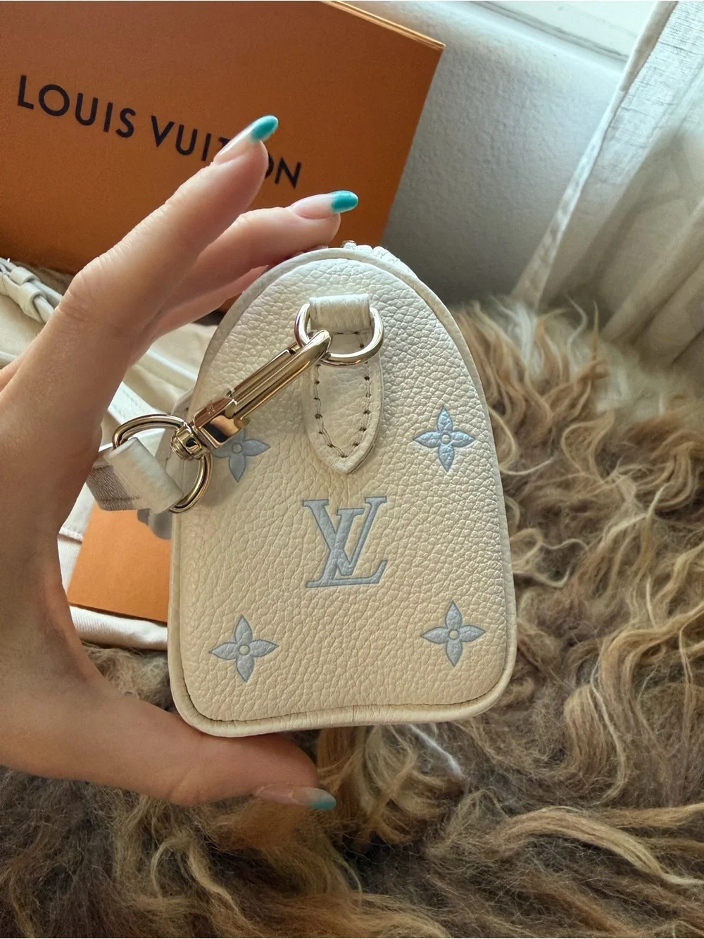 Louis Vuitton White Mini Speedy with Light Blue Monogram